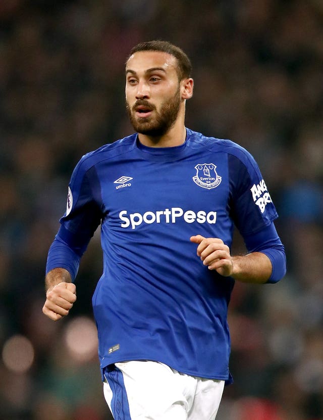 Everton’s Cenk Tosun wearing a SportPesa strip (John Walton/PA)