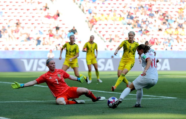 Sweden goalkeeper Hedvig Lindahl, left, saves from England's Fran Kirby