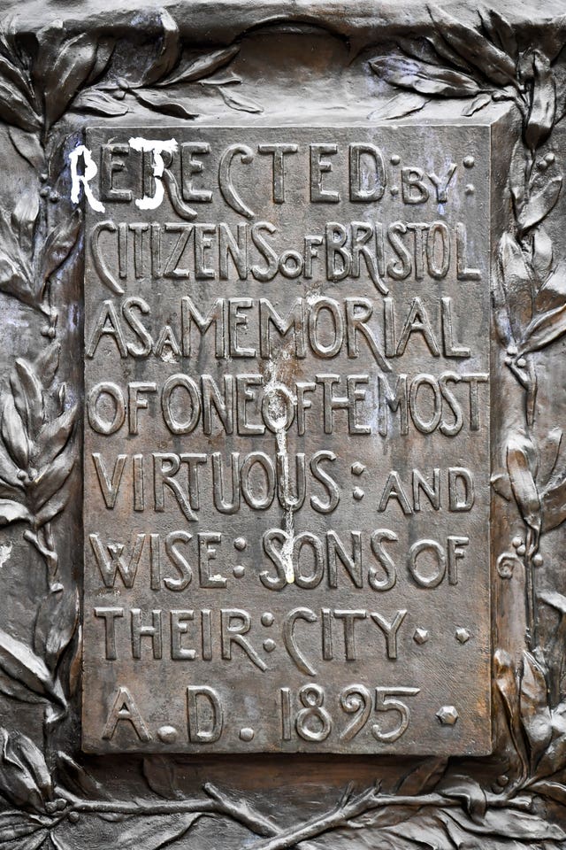 People made their feelings known about Colston's legacy to Bristol by defacing his bronze plaque (Ben Birchall/PA)