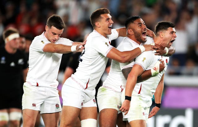 England’s Ben Youngs (right) celebrates scoring a try with team-mates but it is later ruled out following a TMO decision during the 2019 Rugby World Cup Semi Final match at International Stadium Yokohama