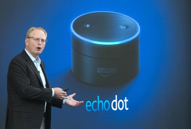 Dave Limp, Senior Vice President, Amazon Devices and Services, introduces the Amazon Echo Dot at a product launch in London.