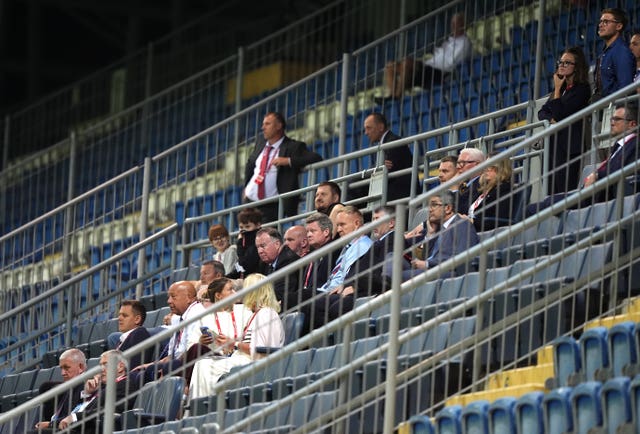 Spectators in the stands at the ZTE Arena in Zalaegerszeg, Hungary
