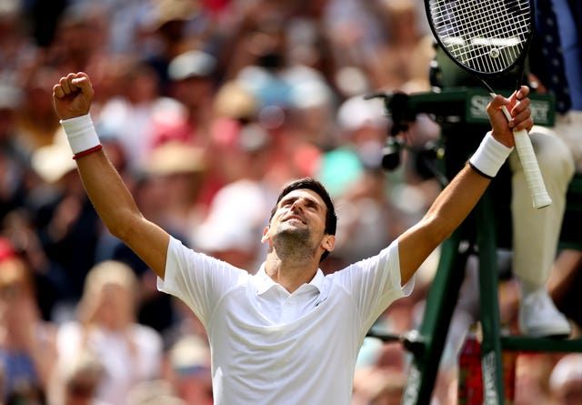 Novak Djokovic celebrates his first-round victory over Philipp Kohlschreiber in 2019