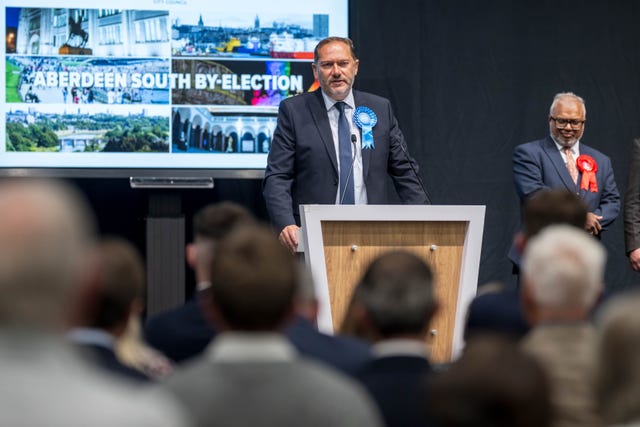 Douglas Lumsden gives a speech after winning the Aberdeen South by-election