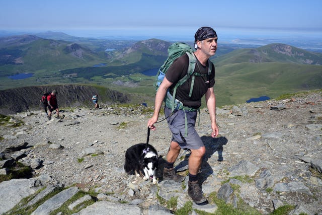 A person walking a dog at Yr Wyddfa in Snowdonia