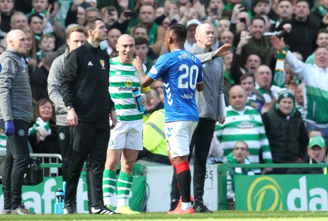 Scott Brown laughs as Alfredo Morelos heads for an early bath