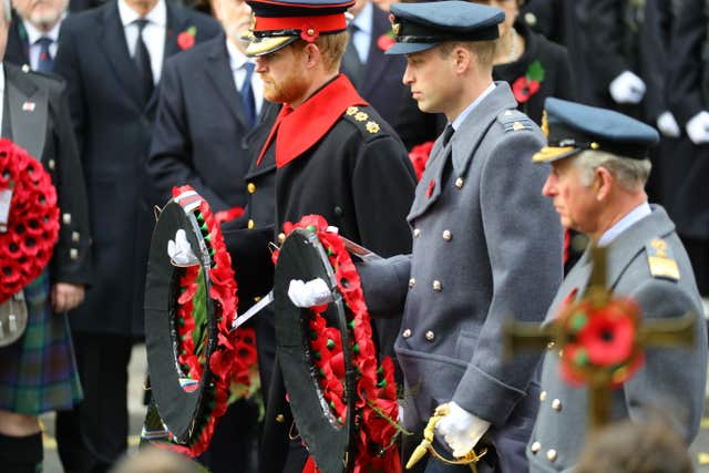 The then-Prince of Wales (right), with his sons the then-Duke of Cambridge (centre) and Harry at the Cenotaph on Remembrance Sunday in 2017