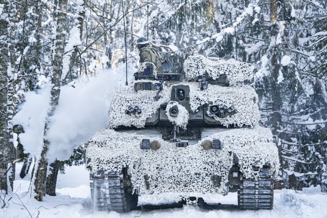A Challenger 2 main battle tank in arctic camouflage