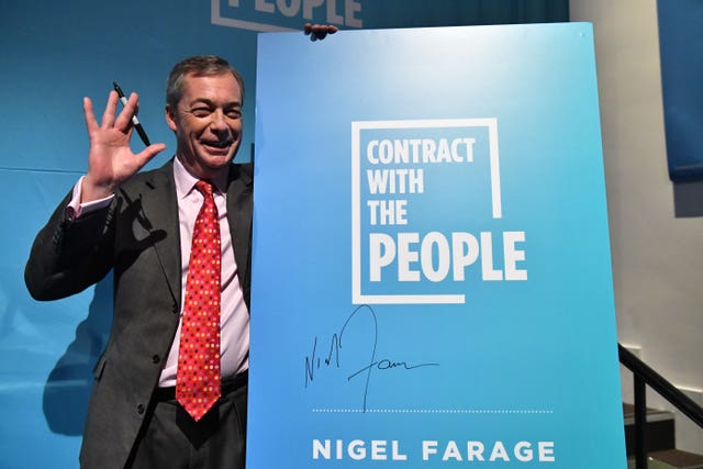 Nigel Farage after signing his party’s Contract With The People at the policy launch in Westminster 