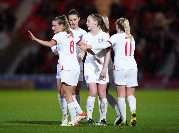 England’s Ella Toone (left) celebrates scoring in a 20-0 World Cup qualifier victory over Latvia