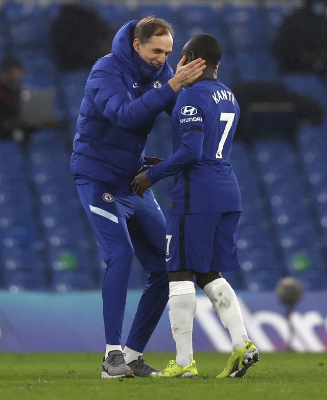 Chelsea manager Thomas Tuchel embarces N’Golo Kante after the match