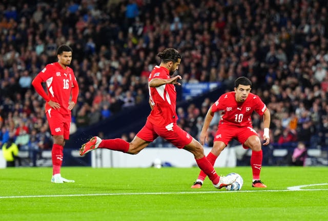 Ricardo Rodriguez scores Switzerland’s first goal against Scotland