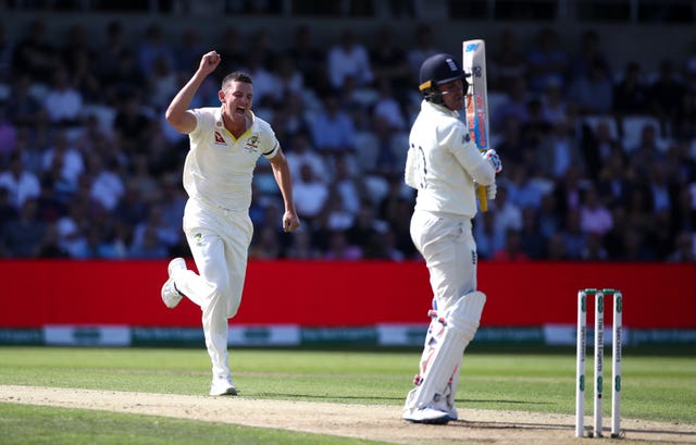 Josh Hazlewood, left, celebrates taking the wicket of Jason Roy at Headingley