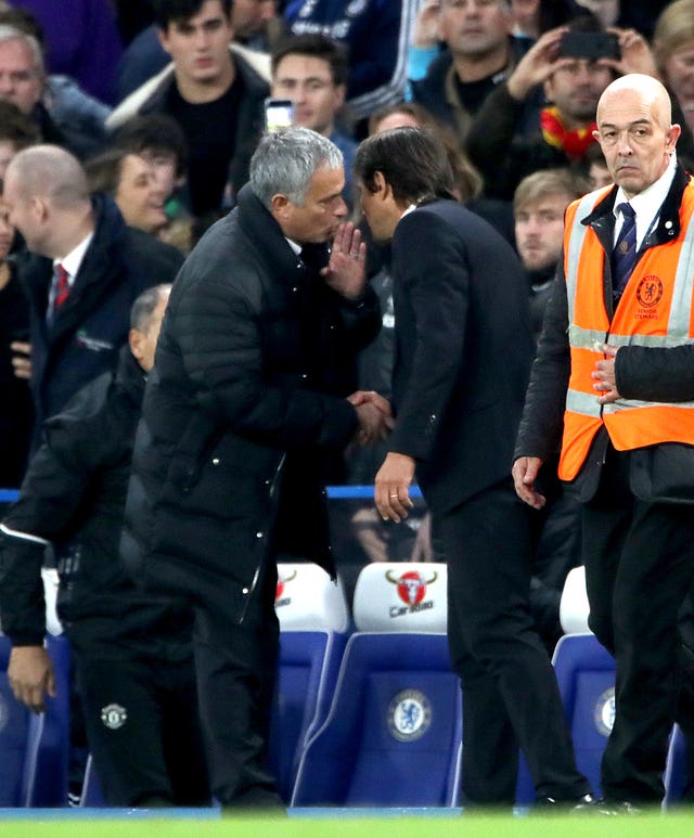 Jose Mourinho, left, expressed his unhappiness with Antonio Conte after Chelsea inflicted a 4-0 loss on Manchester United in October 2016
