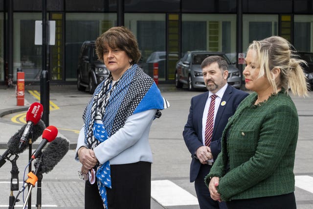 Arlene Foster with Robin Swann and Michelle O’Neill during a visit to the Ulster Hospital