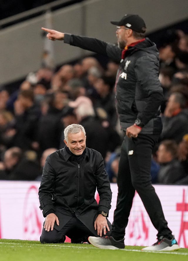 Tottenham manager Jose Mourinho sinks to his knees on the touchline during the Premier League defeat to Jurgen Klopp's Liverpool in January. Spurs were unable to halt the Reds' relentless march to the title as Roberto Firmino's first-half strike stretched the visitors' winning streak to 12 matches. The Merseyside club also made it 38 games unbeaten, a run dating back to January 3, 2019.
