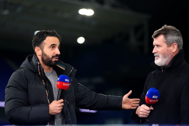 Ruben Amorim (left) is interviewed by Sky Sports Roy Keane (right)