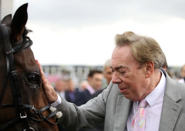 Owner Andrew Lloyd-Webber with Too Darn Hot at Doncaster