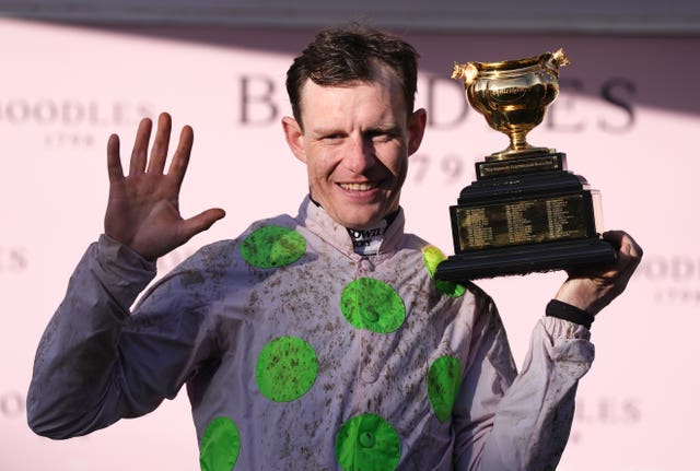 Paul Townend celebrates with the Gold Cup trophy