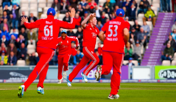 Ben Stokes, centre, celebrates the wicket of Australia’s Matthew Wade during his only ODI five-for