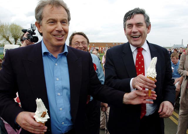 Then Prime Minister Tony Blair and Chancellor Gordon Brown enjoy ice creams.