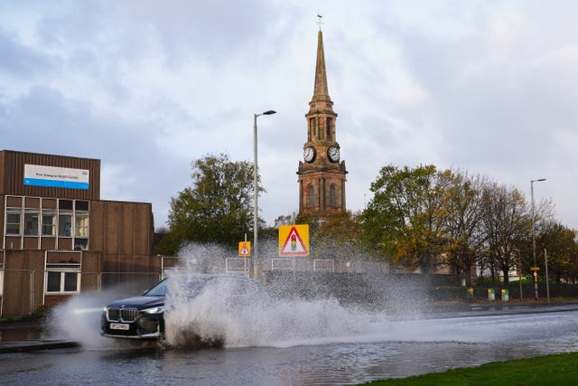 Flood water on the A8 in Port Glasgow, Inverclyde, after Storm Boelo passed through the area