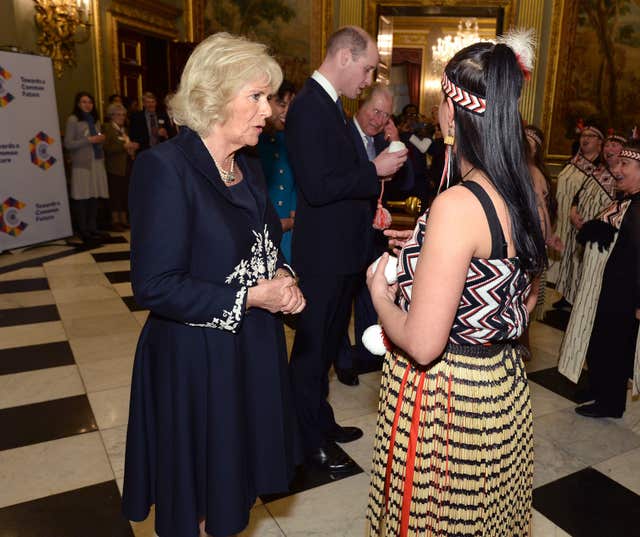 Camilla meets performers at a reception at Marlborough House (Jeff Spicer/PA)