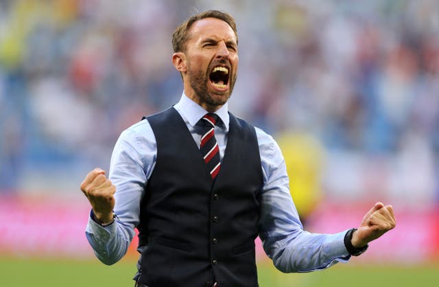 England manager Gareth Southgate celebrates at the World Cup. (PA)