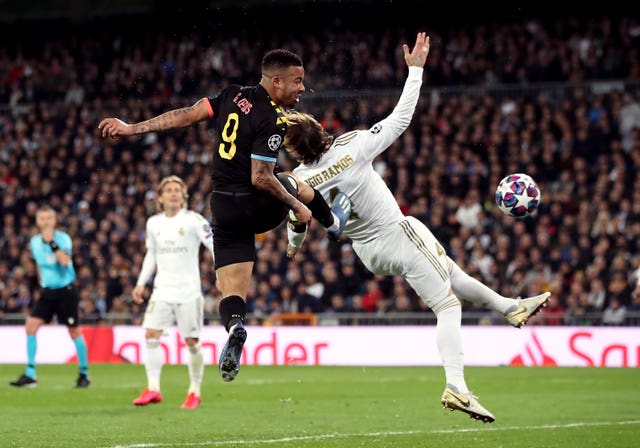Gabriel Jesus heads home the equaliser at the Bernabeu