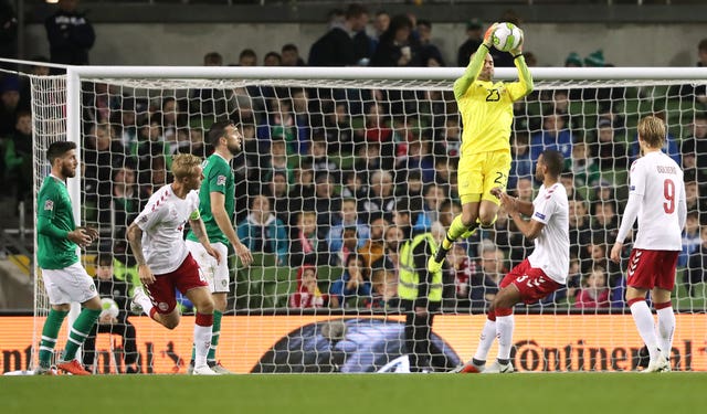 Republic of Ireland goalkeeper Darren Randolph (centre) had few saves to make during the Nations League draw with Denmark
