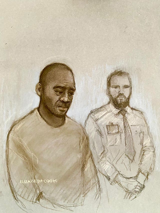 A court sketch of Clifton George in the dock at Snaresbrook Crown Court