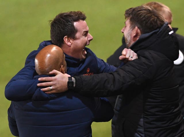 Vermiglio, centre, celebrates Chorley's win at Peterborough with his coaching staff