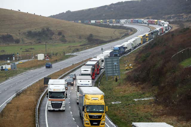 Queues on the A20 in Kent, as holidaymakers are facing hours of delays at the port of Dover due to heightened French security checks (Gareth Fuller/PA)