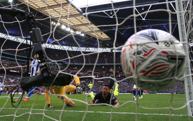 Gabriel Jesus, centre, headed the only goal when Brighton lost out to City in the 2019 FA Cup semi-finals