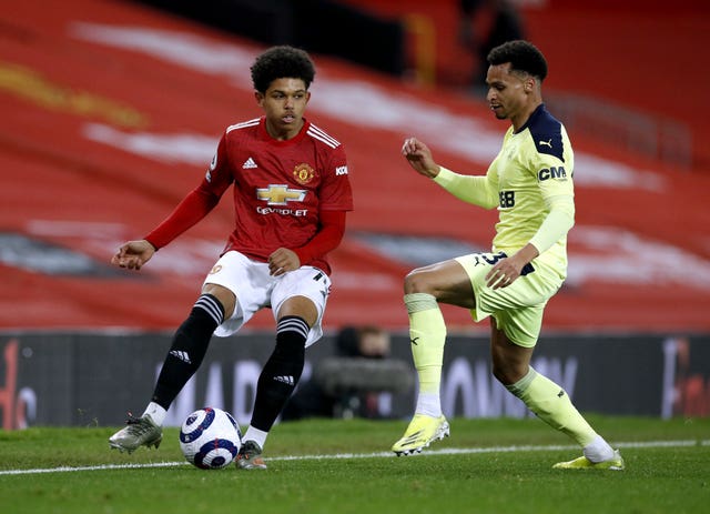 Shola Shoretire, left, came on for his Manchester United debut