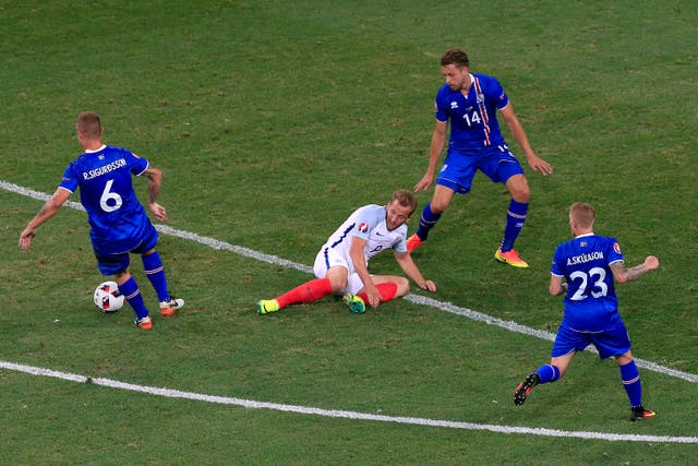 Harry Kane, centre, during the 2-1 defeat against Iceland at Euro 2016 