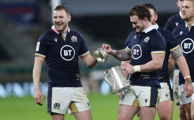 Finn Russell, left, and Stuart Hogg, right, helped Scotland win the Calcutta Cup last month