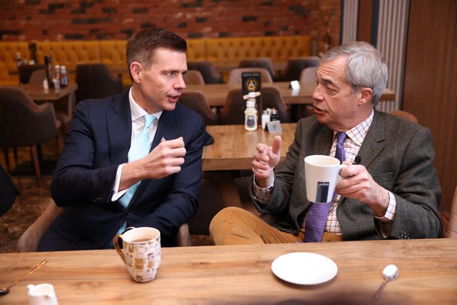 Reform leader Nigel Farage and by-election candidate Matt Goodwin enjoy a coffee together