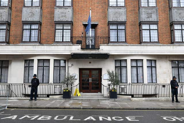 Police officers outside Edward VII Hospital in London, after the Duke of Edinburgh was admitted (Dominic Lipinski/PA)