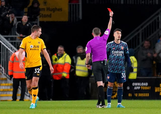 Arsenal’s Gabriel Martinelli is sent off