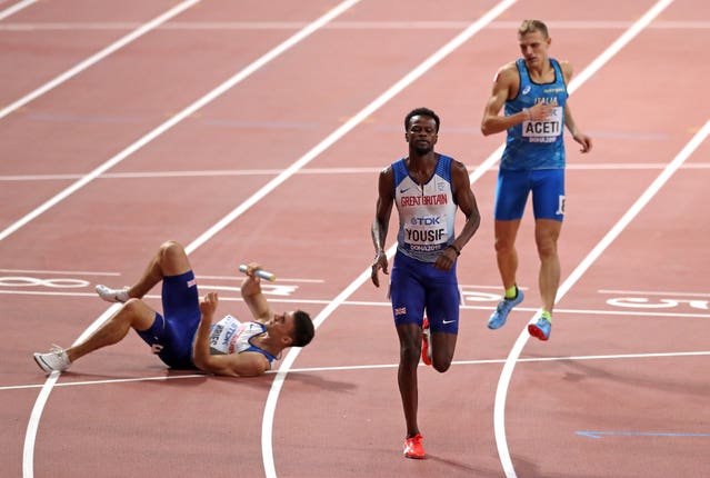 A dropped baton dashed Great Britain’s hopes of finishing the World Championships with another relay medal.