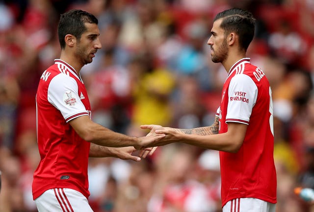 Dani Ceballos, right, comes on for his Arsenal debut in place of Henrikh Mkhitaryan against Lyon