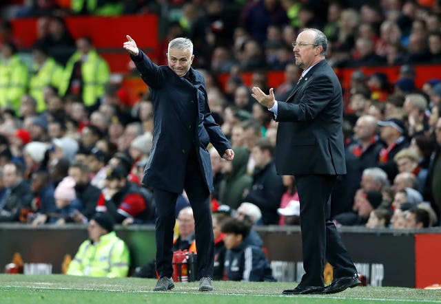 Jose Mourinho, left, alongside Newcastle United manager Rafael Benitez