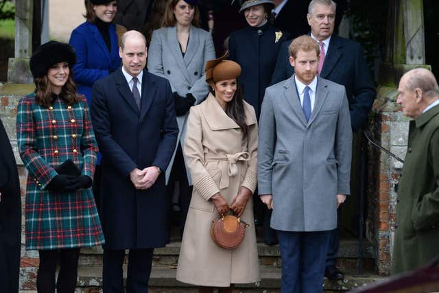 The Duke and Duchess of Cambridge, Meghan Markle and Prince Harry leave the Christmas Day morning church service at St Mary Magdalene Church in Sandringham, Norfolk (Joe Giddens/PA)