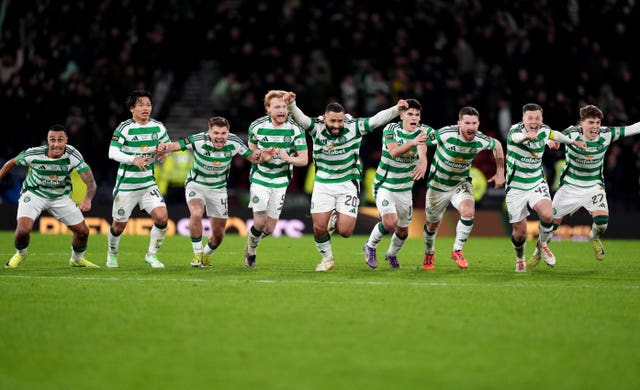 Celtic players celebrate a shoot-out win over Rangers at Hampden in December
