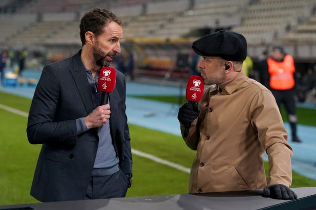 England manager Gareth Southgate speaks with pundit and former international Joe Cole 