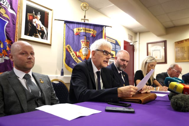 Members of the Orange Order during a press conference at Carleton Street Orange Hall in Portadown, announcing their next steps in relation to the Drumcree parade