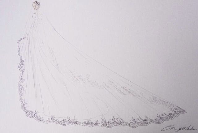 A sketch by Clare Waight Keller for Meghan's wedding dress and veil. (@KensingtonRoyal)