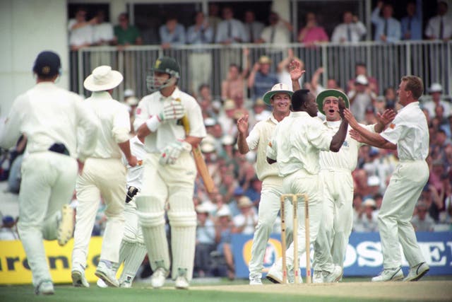 Devon Malcolm celebrates removing Gary Kirsten for a duck