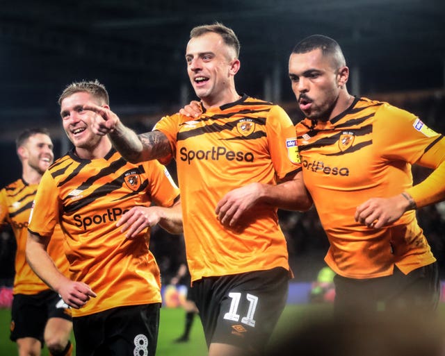 Hull's Kamil Grosicki celebrates scoring his side's third goal in the win over Preston